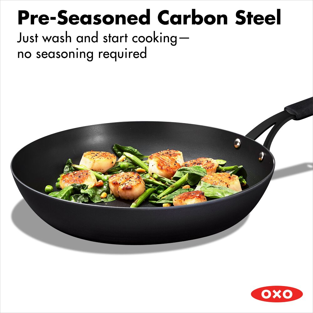 OXO Carbon Steel Obsidian Series 12-Inch Frypan with Silicone Sleeve T5