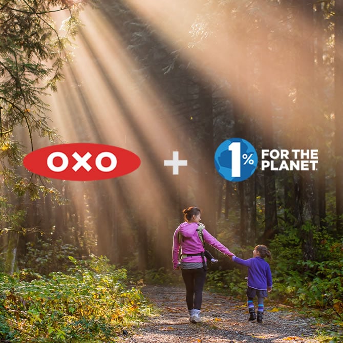 OXO and 1% for the Planet, a family walking in the woods