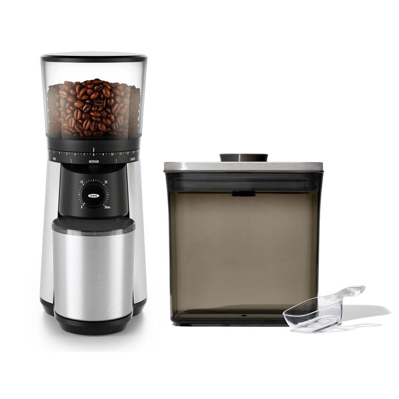Conical Burr Coffee Grinder & Steel Coffee POP Container (1.7 Qt) with Scoop Bundle Y5