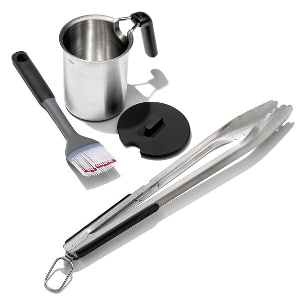 Grilling Basting Pot and Brush Set & Grilling Tongs with Built-In Bottle Opener Bundle W0