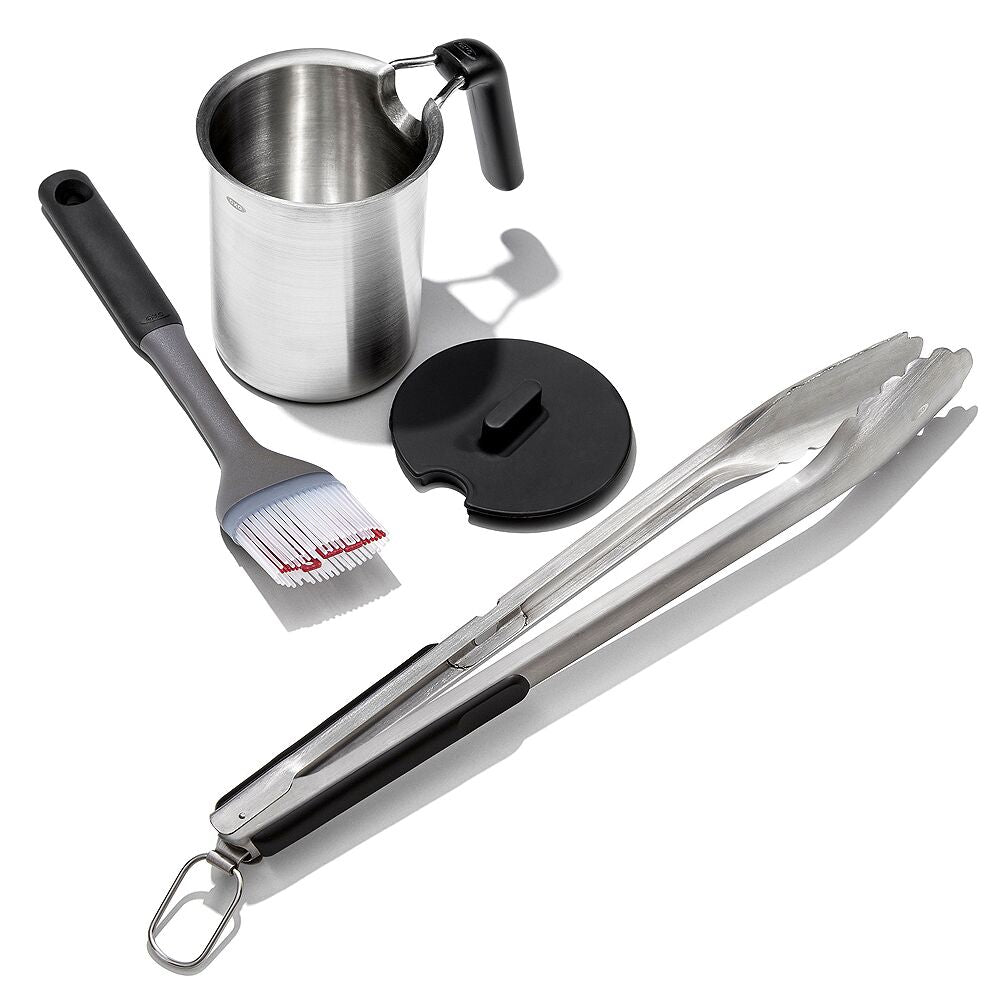 Grilling Basting Pot and Brush Set & Grilling Tongs with Built-In Bottle Opener Bundle W0