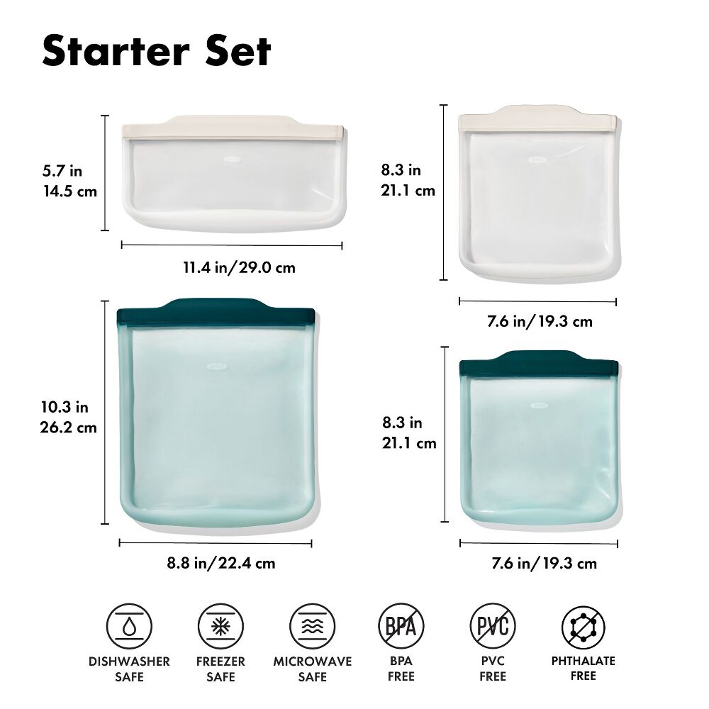Silicone Reusable Bag - 4 Piece Starter Set - Oat/Lagoon D0